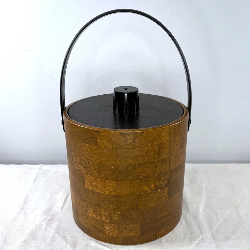 Vintage Irvinware Ice Bucket Faux Wood Parquet Mid Century Modern Made in USA